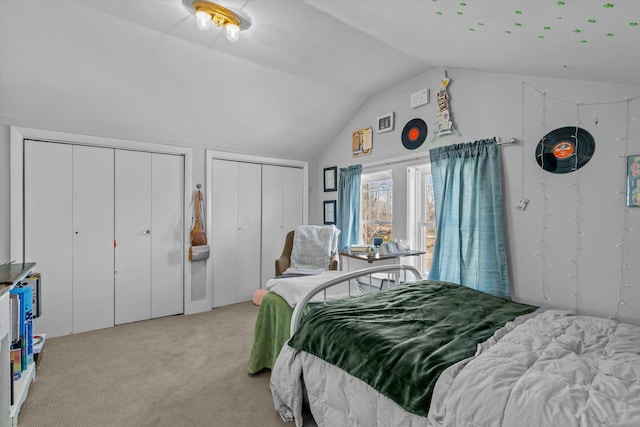 310 S Main St, Licking, MO 65542 - bedroom featuring multiple closets, vaulted ceiling, and light colored carpet