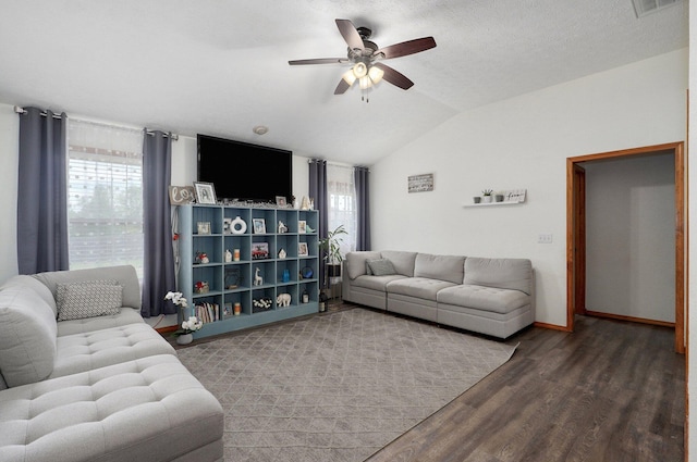6004 N 6th Ave, Ozark, MO 65721 - living room featuring ceiling fan, lofted ceiling, wood finished floors, and baseboards