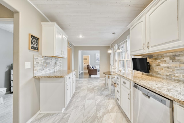 287 Appletree Dr, Ozark, MO 65721 - kitchen with stainless steel dishwasher, white cabinets, light marble finish floors, backsplash, and light stone counters