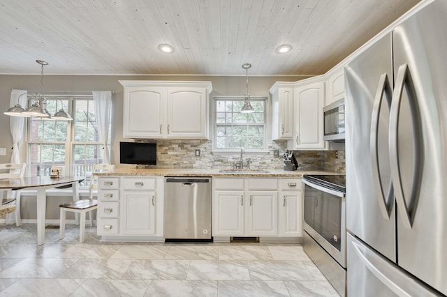 287 Appletree Dr, Ozark, MO 65721 - kitchen with stainless steel appliances, a sink, wooden ceiling, white cabinets, and light stone countertops