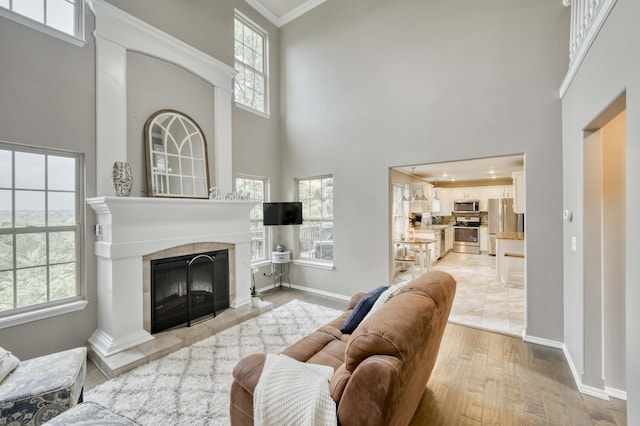 287 Appletree Dr, Ozark, MO 65721 - living area with a tiled fireplace, a towering ceiling, ornamental molding, baseboards, and light wood-type flooring