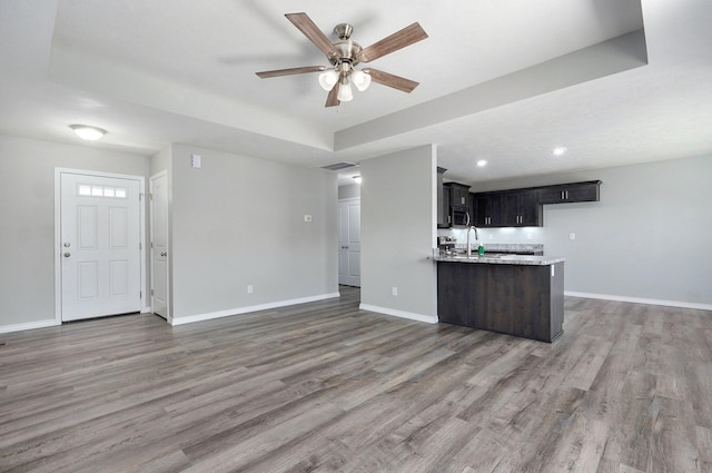511 Mark St, Billings, MO 65610 - unfurnished living room with ceiling fan, wood finished floors, recessed lighting, and a tray ceiling