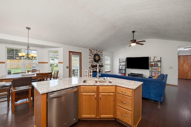 5204 W Turnberry Ct, Ozark, MO 65721 - kitchen with stainless steel dishwasher, a sink, a large fireplace, a chandelier, and a textured ceiling
