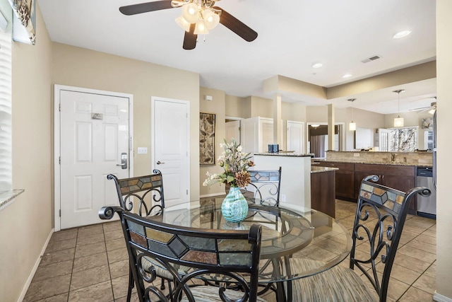 2800 Green Mountain Dr Unit 230, Branson, MO 65616 - dining area featuring ceiling fan, light tile patterned floors, baseboards, and recessed lighting