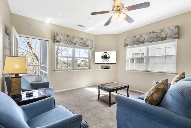 2800 Green Mountain Dr Unit 230, Branson, MO 65616 - living room featuring baseboards, carpet, and a ceiling fan