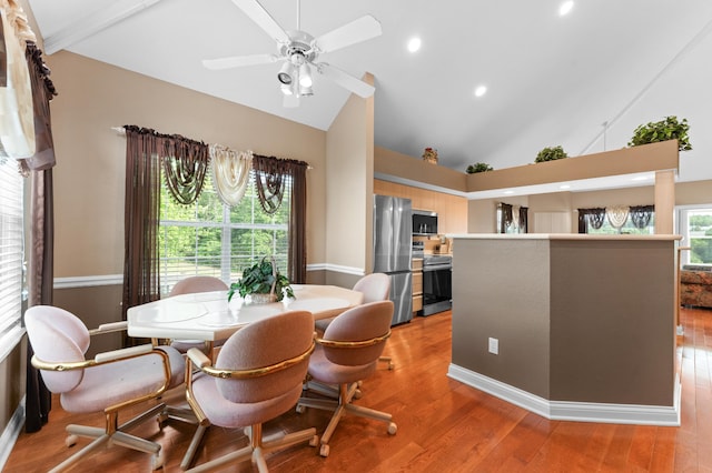 351 S Wildwood Dr Unit 5, Branson, MO 65616 - dining room with light wood-style floors, ceiling fan, recessed lighting, baseboards, and high vaulted ceiling