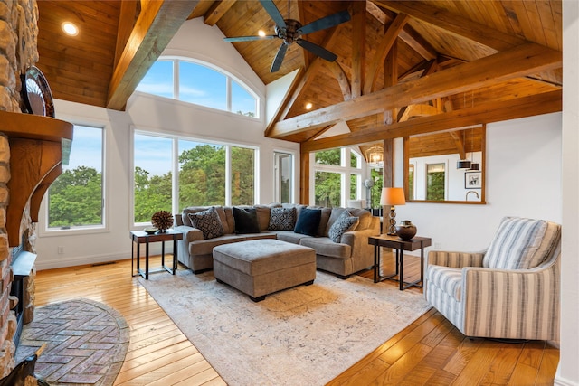185 Appaloosa Trl, Saddlebrooke, MO 65630 - living area featuring plenty of natural light, light wood-style floors, wooden ceiling with exposed beams, high vaulted ceiling, and a fireplace