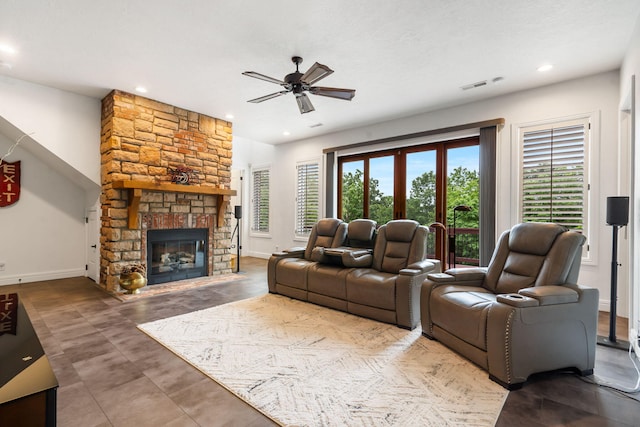 185 Appaloosa Trl, Saddlebrooke, MO 65630 - living room with a ceiling fan, a fireplace, recessed lighting, and baseboards