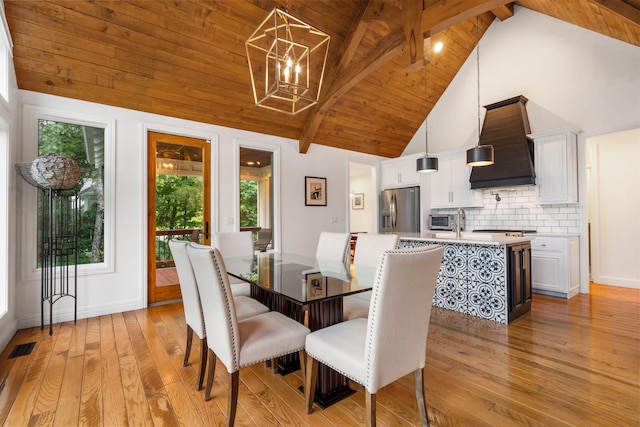 185 Appaloosa Trl, Saddlebrooke, MO 65630 - dining room featuring light wood-type flooring, a chandelier, high vaulted ceiling, wooden ceiling with exposed beams, and plenty of natural light