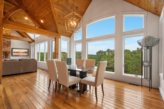 185 Appaloosa Trl, Saddlebrooke, MO 65630 - dining area with light wood finished floors, plenty of natural light, high vaulted ceiling, a chandelier, and wood ceiling with exposed beams