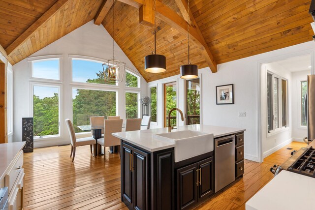 185 Appaloosa Trl, Saddlebrooke, MO 65630 - kitchen featuring stainless steel dishwasher, a sink, wooden ceiling with exposed beams, light countertops, and light wood-type flooring