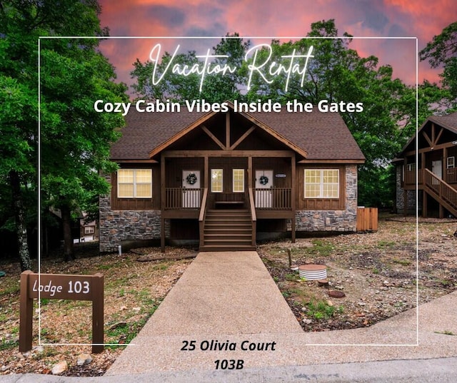 25 Olivia Ct Unit 103B, Branson West, MO 65737 - rustic home featuring stone siding, stairway, roof with shingles, and a porch