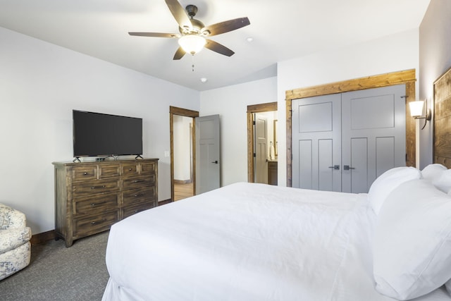 carpeted bedroom featuring a ceiling fan and baseboards