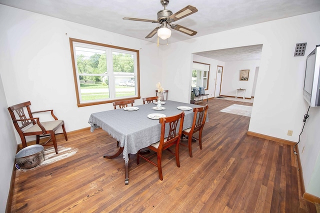 202 E Seminole St, Springfield, MO 65807 - dining space with baseboards, wood finished floors, and ceiling fan