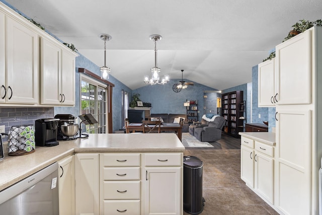 1206 S Solaira St, Ozark, MO 65721 - kitchen with stainless steel dishwasher, a peninsula, vaulted ceiling, light countertops, and a chandelier