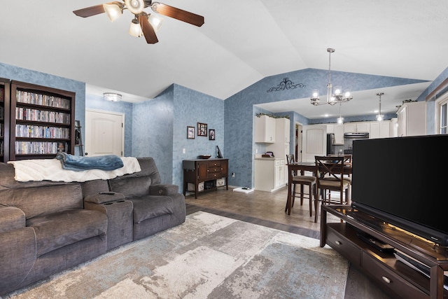 1206 S Solaira St, Ozark, MO 65721 - living room with vaulted ceiling, ceiling fan, and a chandelier
