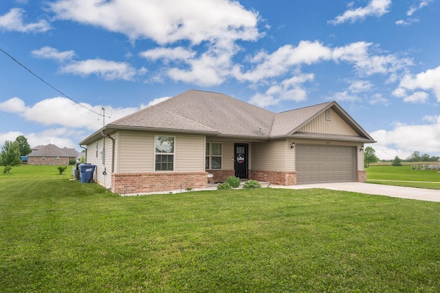 1054 Thoroughfare St, Seymour, MO 65746 - view of front facade featuring brick siding, concrete driveway, a garage, a front lawn, and roof with shingles