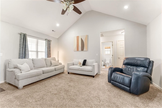 1054 Thoroughfare St, Seymour, MO 65746 - carpeted living room with ceiling fan, baseboards, high vaulted ceiling, and recessed lighting