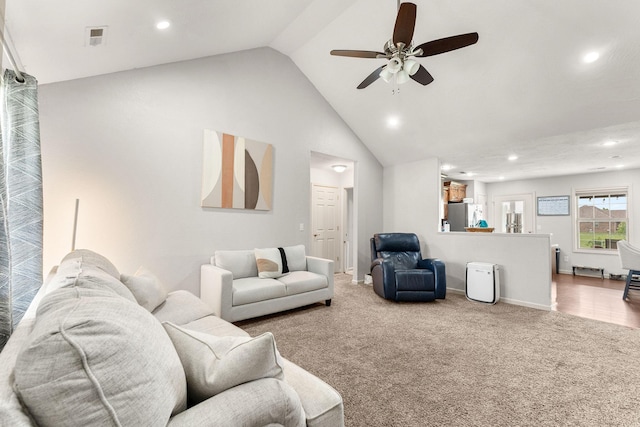 1054 Thoroughfare St, Seymour, MO 65746 - living room featuring carpet floors, recessed lighting, ceiling fan, high vaulted ceiling, and baseboards