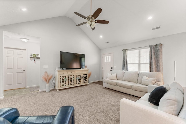 1054 Thoroughfare St, Seymour, MO 65746 - carpeted living area featuring high vaulted ceiling, ceiling fan, recessed lighting, and baseboards