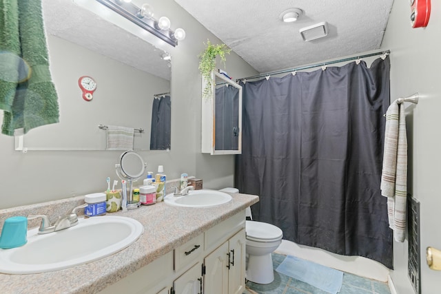 1408 Rockhill Cir, Ozark, MO 65721 - bathroom with toilet, double vanity, a textured ceiling, and a shower with shower curtain