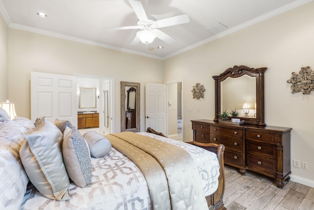 2421 Candlebark Ln, Lebanon, MO 65536 - bedroom featuring light wood-style flooring, crown molding, ensuite bathroom, recessed lighting, and ceiling fan