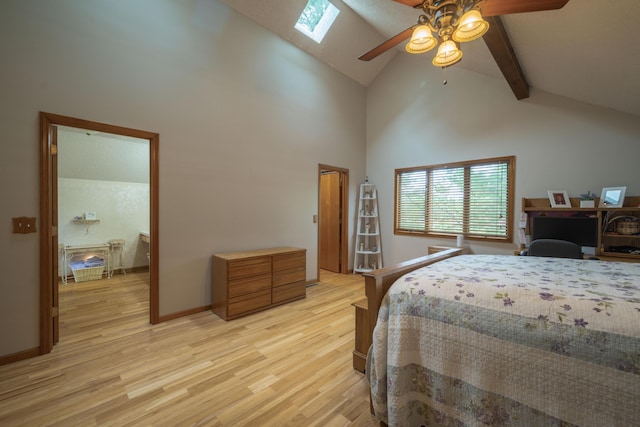 10703 Lawrence Unit 2230, Monett, MO 65708 - bedroom featuring a skylight, light wood-type flooring, high vaulted ceiling, beamed ceiling, and ceiling fan