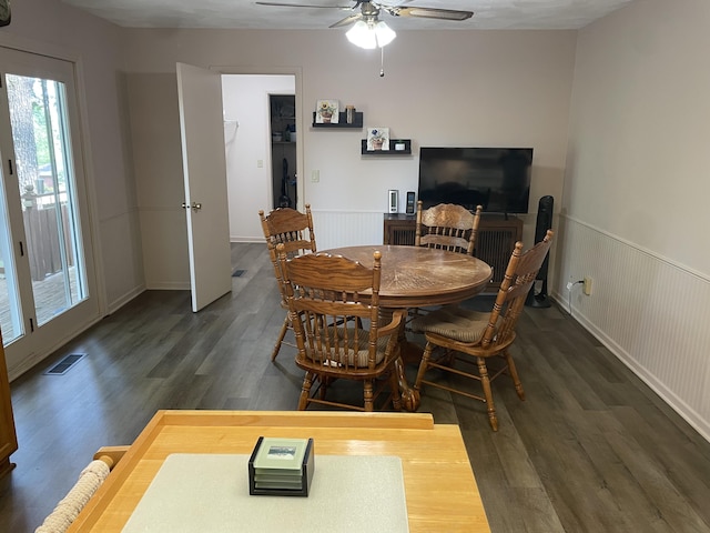 2704 Jennifer Dr, West Plains, MO 65775 - dining area featuring wainscoting, ceiling fan, and wood finished floors
