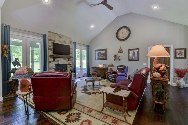 722 Seven Pines Dr, Saddlebrooke, MO 65630 - living area with french doors, ceiling fan, a stone fireplace, hardwood / wood-style flooring, and high vaulted ceiling
