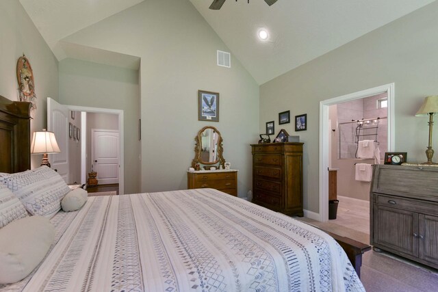 722 Seven Pines Dr, Saddlebrooke, MO 65630 - bedroom featuring high vaulted ceiling, ensuite bath, baseboards, and ceiling fan