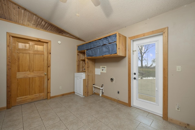 247 S Jefferson St, Walnut Grove, MO 65770 - laundry room with electric dryer hookup, baseboards, washer hookup, light tile patterned floors, and ceiling fan