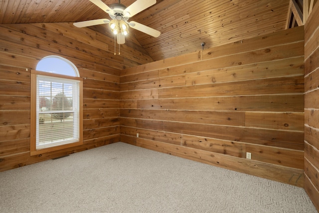 247 S Jefferson St, Walnut Grove, MO 65770 - empty room featuring lofted ceiling, wooden ceiling, wood walls, carpet floors, and a ceiling fan