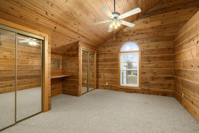 247 S Jefferson St, Walnut Grove, MO 65770 - additional living space featuring vaulted ceiling, carpet, a ceiling fan, wood walls, and wooden ceiling