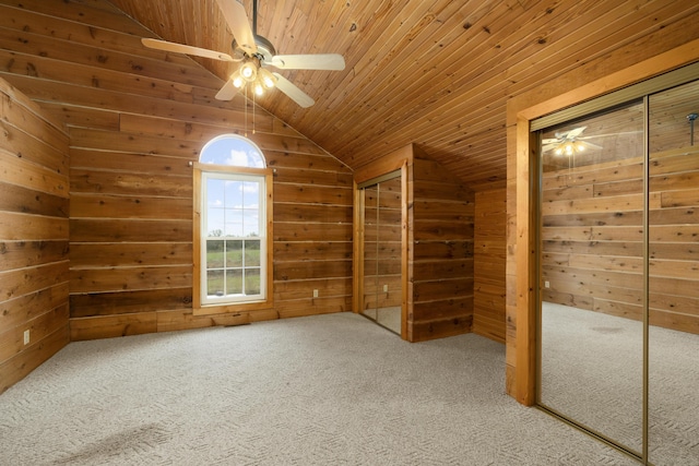 247 S Jefferson St, Walnut Grove, MO 65770 - additional living space featuring vaulted ceiling, a ceiling fan, carpet flooring, wood walls, and wooden ceiling