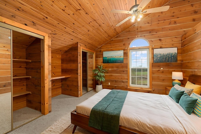 247 S Jefferson St, Walnut Grove, MO 65770 - bedroom featuring lofted ceiling, carpet flooring, wooden walls, wooden ceiling, and ceiling fan