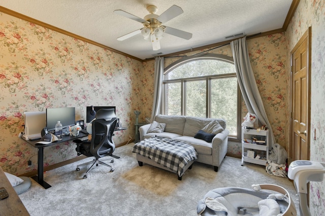 3596 E Montrose Ct, Springfield, MO 65809 - home office featuring ceiling fan, a textured ceiling, ornamental molding, wallpapered walls, and carpet