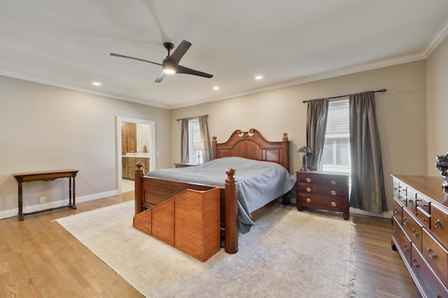 3596 E Montrose Ct, Springfield, MO 65809 - bedroom with wood finished floors, crown molding, recessed lighting, baseboards, and ceiling fan