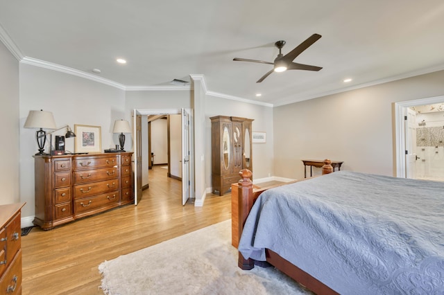 3596 E Montrose Ct, Springfield, MO 65809 - bedroom featuring light wood-style flooring, ornamental molding, recessed lighting, baseboards, and ceiling fan