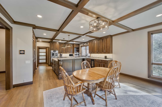 3596 E Montrose Ct, Springfield, MO 65809 - dining area with coffered ceiling, baseboards, a chandelier, recessed lighting, and light wood-style flooring
