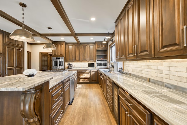 3596 E Montrose Ct, Springfield, MO 65809 - kitchen featuring tasteful backsplash, light wood-style floors, open shelves, light stone counters, and hanging light fixtures