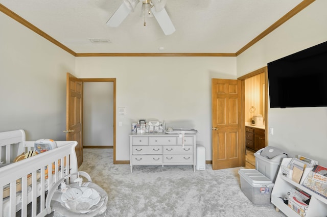 3596 E Montrose Ct, Springfield, MO 65809 - bedroom with ornamental molding, light carpet, baseboards, and ceiling fan