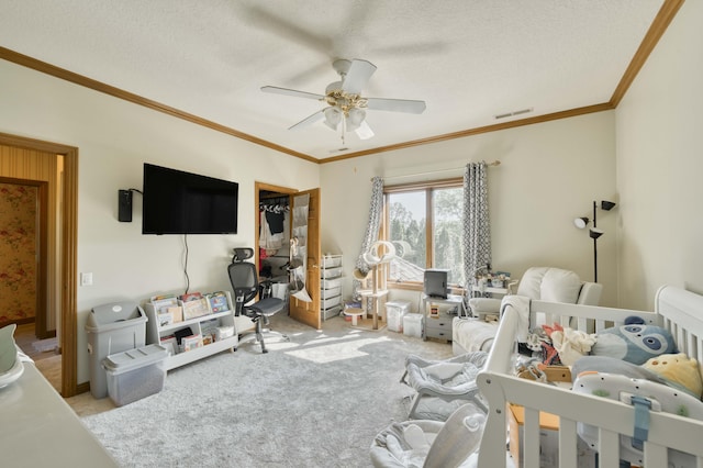 3596 E Montrose Ct, Springfield, MO 65809 - carpeted bedroom with ornamental molding, a textured ceiling, and a ceiling fan