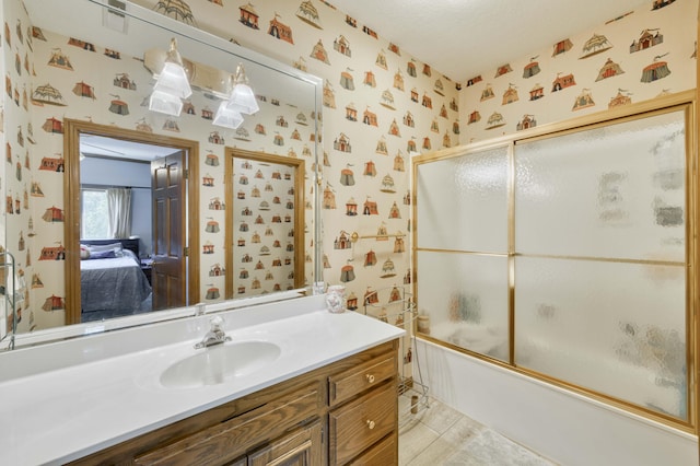 3596 E Montrose Ct, Springfield, MO 65809 - full bathroom with wallpapered walls, vanity, enclosed tub / shower combo, ensuite bathroom, and tile patterned floors