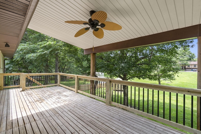 5715 S Clay Ave, Springfield, MO 65810 - wooden deck featuring a ceiling fan and a yard