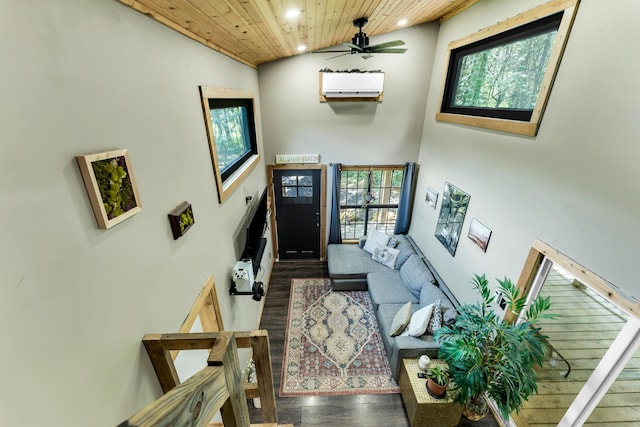 1939 E 540th Rd, Pleasant Hope, MO 65725 - entryway with wood finished floors, recessed lighting, wooden ceiling, ceiling fan, and a wall unit AC