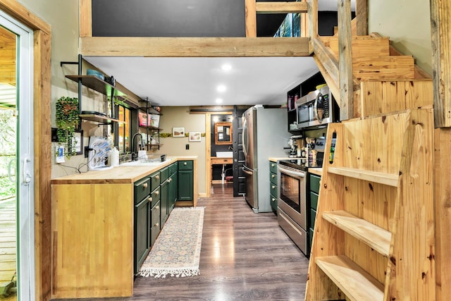 1939 E 540th Rd, Pleasant Hope, MO 65725 - kitchen featuring stainless steel appliances, open shelves, green cabinetry, wood counters, and recessed lighting
