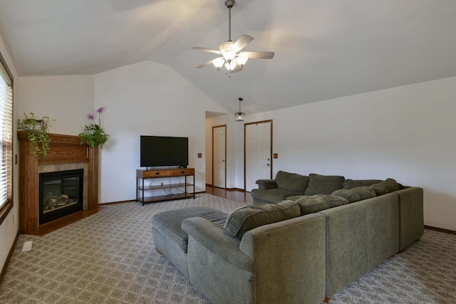 418 E Covington Rd, Willard, MO 65781 - carpeted living room featuring lofted ceiling, ceiling fan, a glass covered fireplace, and baseboards