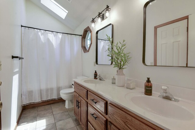 418 E Covington Rd, Willard, MO 65781 - full bathroom with a skylight, double vanity, toilet, lofted ceiling, and shower / bath combination with curtain
