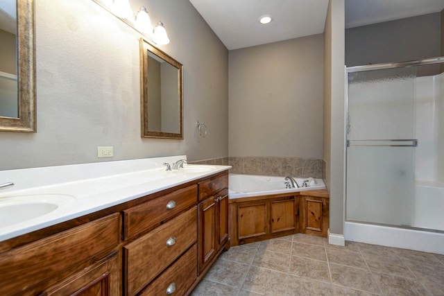 1214 Evington Ct, Springfield, MO 65803 - full bathroom with a shower stall, a bath, double vanity, and tile patterned floors