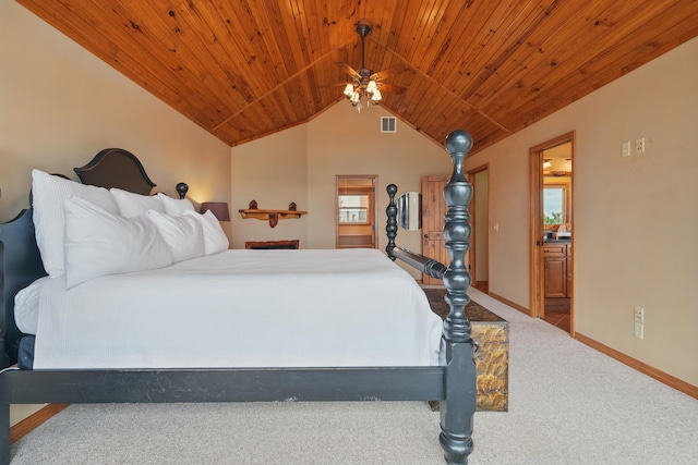 1041 Skyview Dr, Branson, MO 65616 - bedroom with carpet floors, wood ceiling, vaulted ceiling, baseboards, and ensuite bath